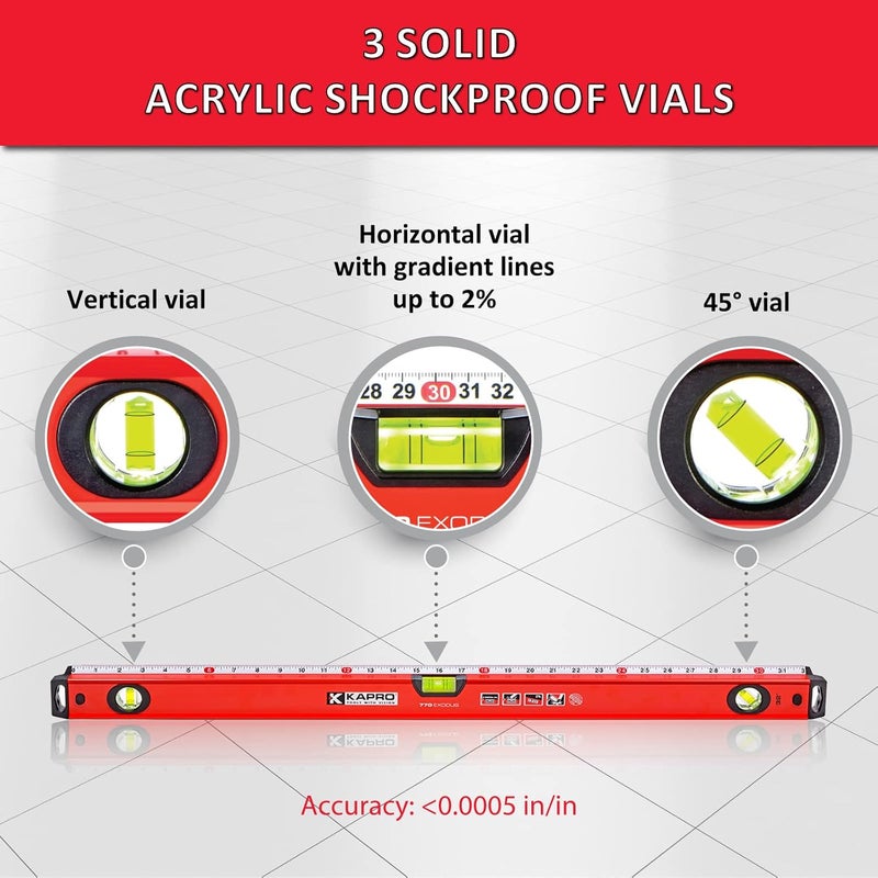 Kapro - 770 Exodus Professional Box Level - 32" - With 45° Vial & Ruler - For Leveling, Measuring, Marking, and Cutting - Features 3 Vials, Precise Straightedge, and Wall-Grip - Image 5